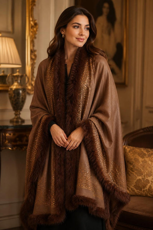 Faux Fur Trimmed Cashmere Scarf in Brown with Brown Crystal Embellishments