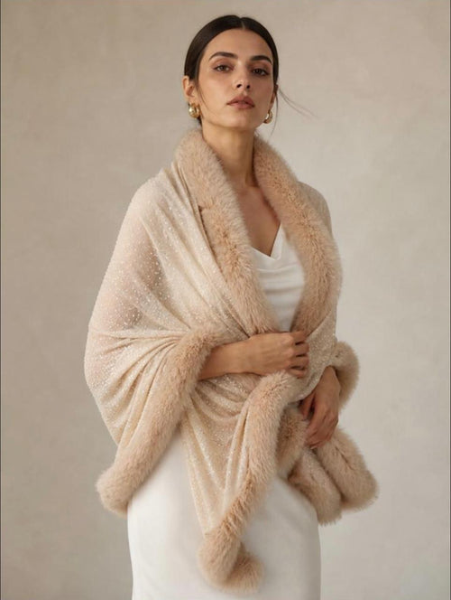 Faux Fur Trimmed Cashmere Scarf in Beige with White Pearls Embellishments