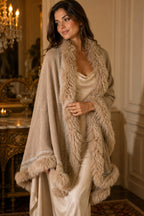 Faux Fur Trimmed Cashmere Scarf in Beige Embellishments