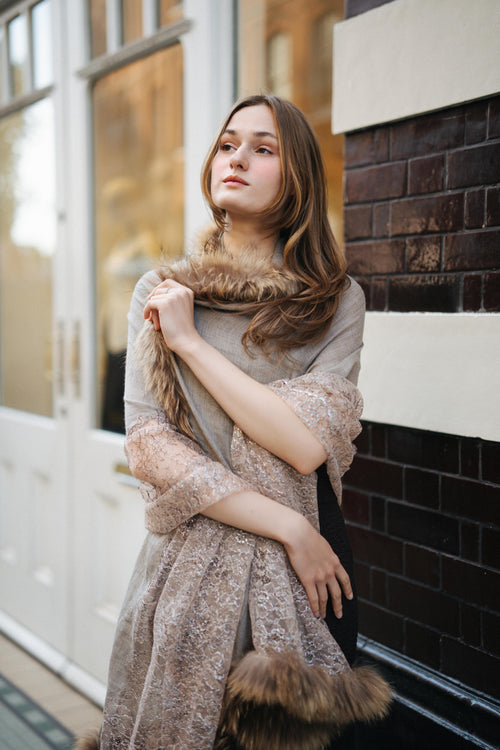 Embellished Pashmina Luxury in Light Grey with Faux Fur Trim