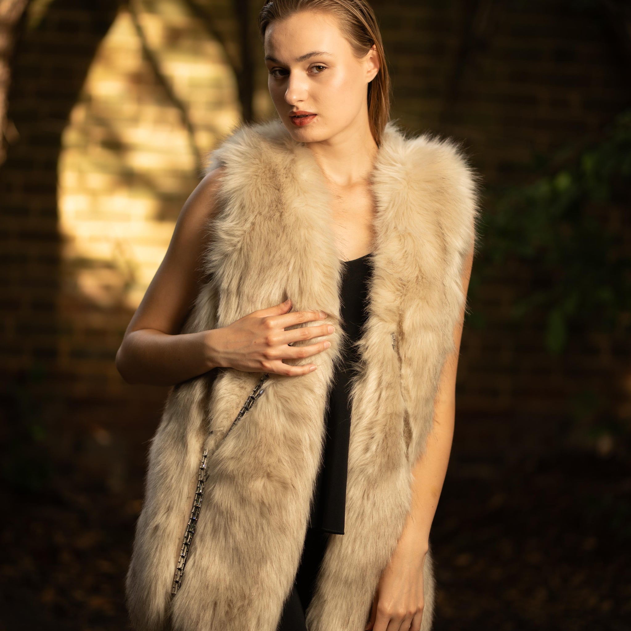 Faux Fur Long Embellished Gilet in Beige