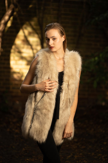 Faux Fur Long Embellished Gilet in Beige