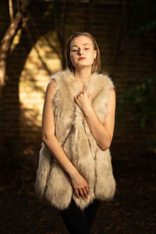 Faux Fur Long Embellished Gilet in Beige