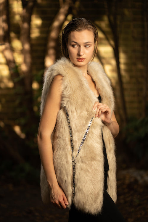 Faux Fur Long Embellished Gilet in Beige