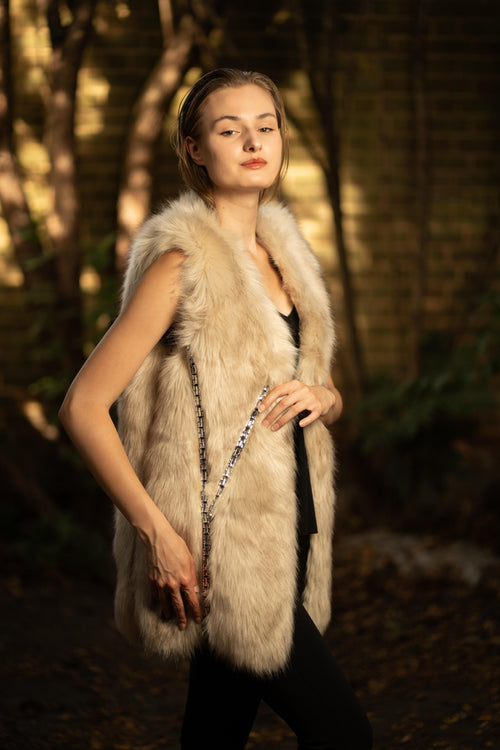 Faux Fur Long Embellished Gilet in Beige