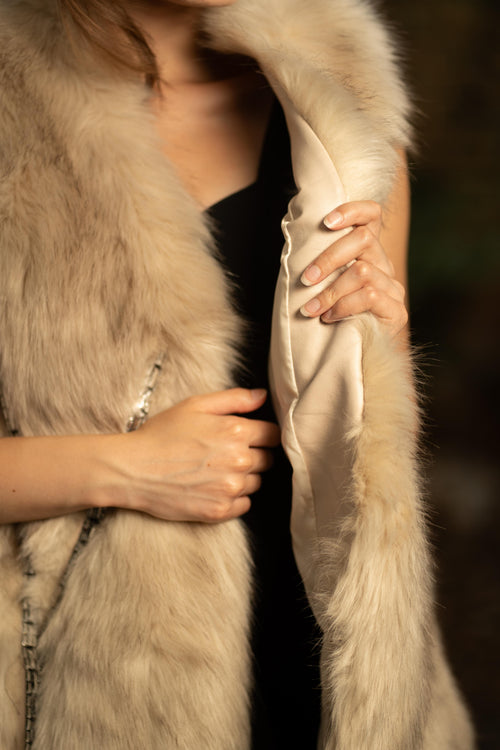 Faux Fur Long Embellished Gilet in Beige