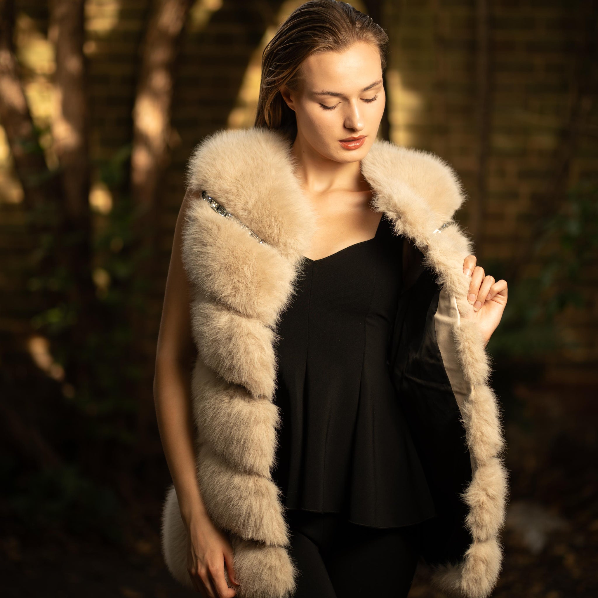 Faux Fur Cropped Gilet in Beige