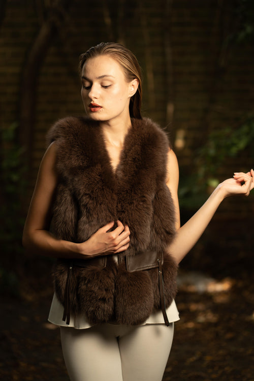Faux Fur Gilet with Leather Pockets in Chocolate Brown