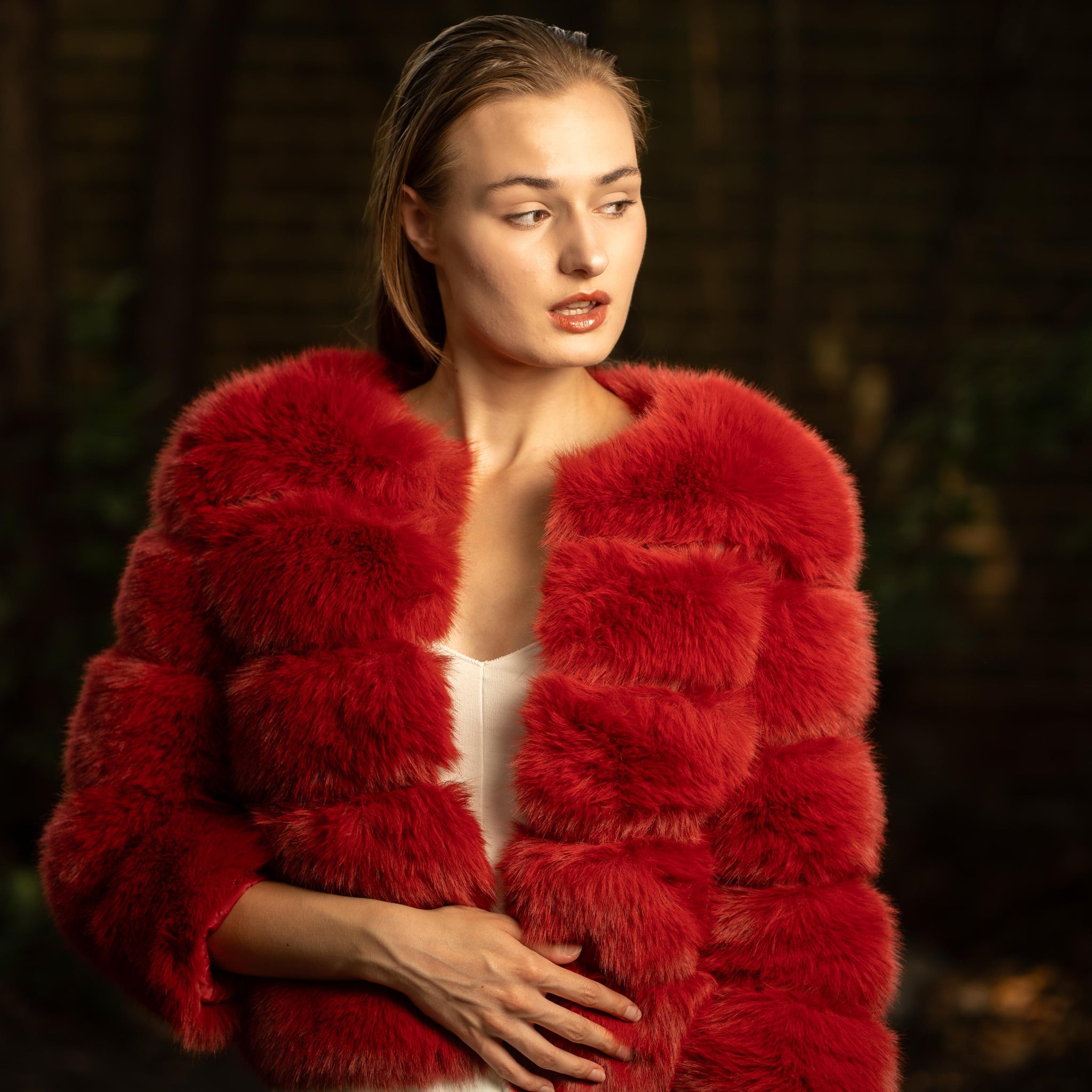 Faux Fur Puffed Silhouette Jacket in Red