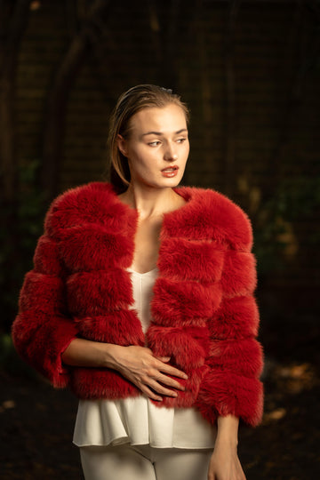 Faux Fur Puffed Silhouette Jacket in Red