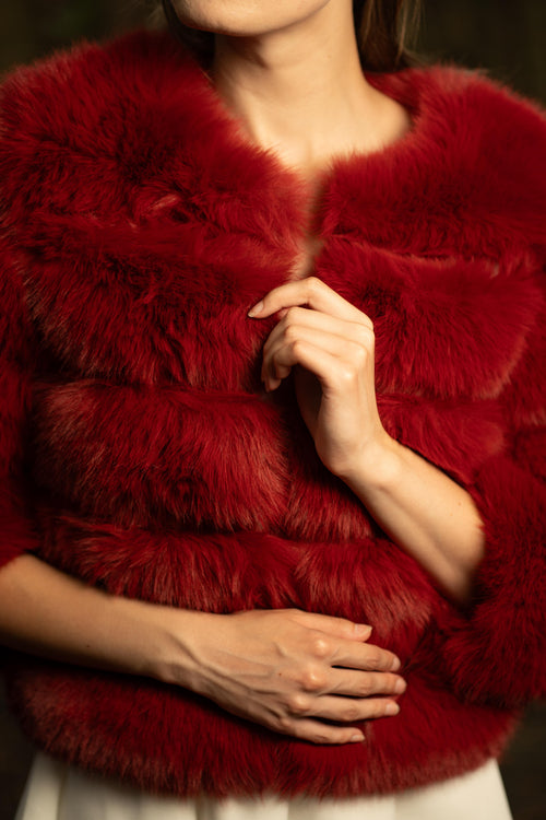 Faux Fur Puffed Silhouette Jacket in Red