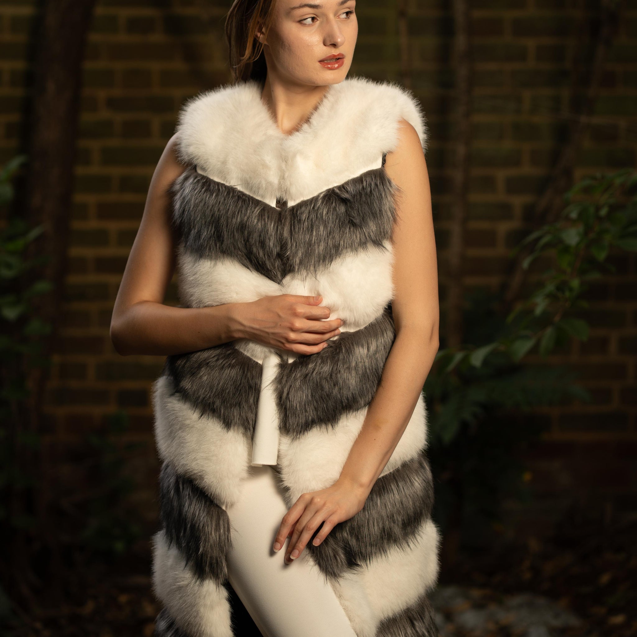 Faux Fur Gilet in Grey and White
