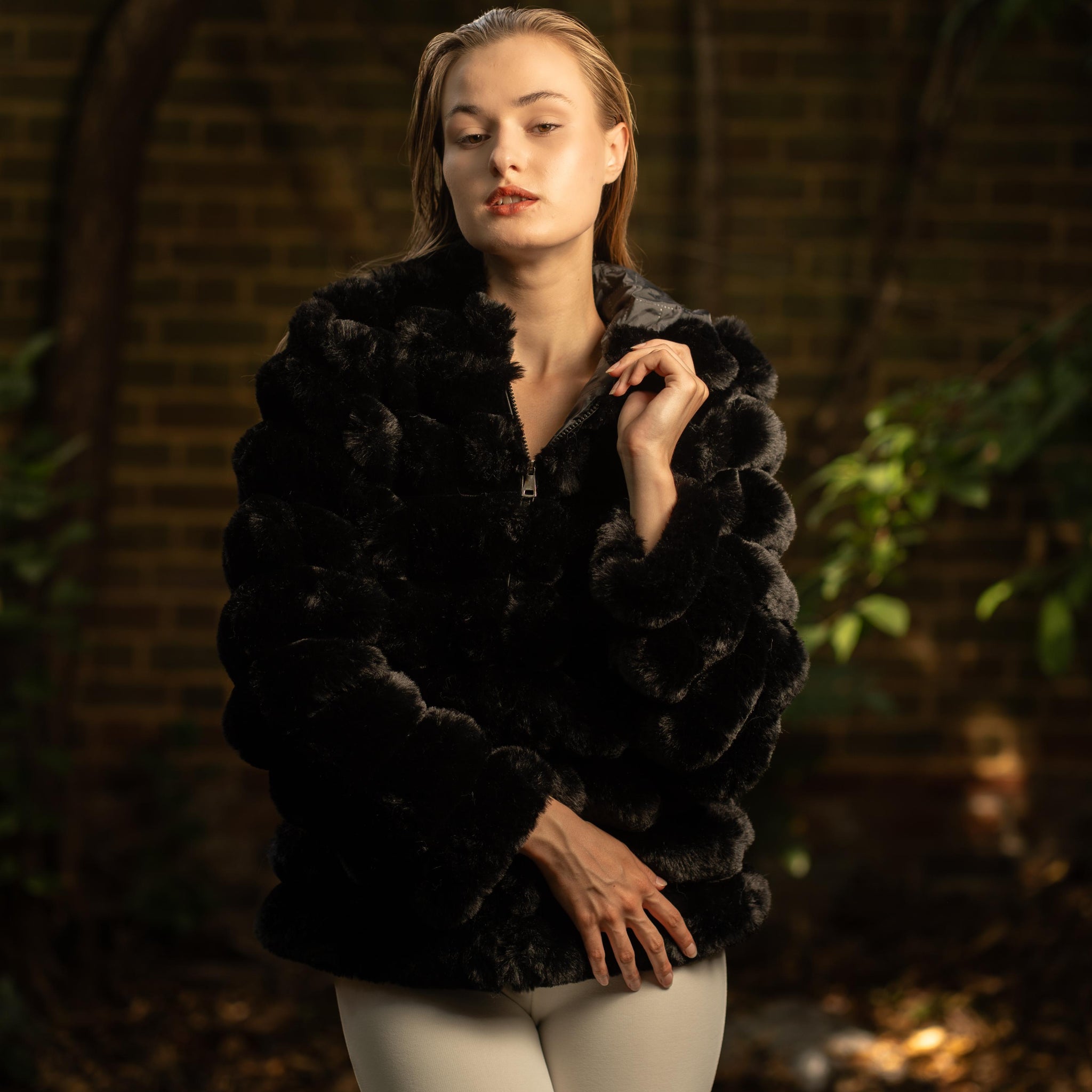 Faux Fur Puffed Silhouette Jacket in Black