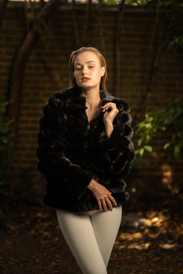 Faux Fur Puffed Silhouette Jacket in Black