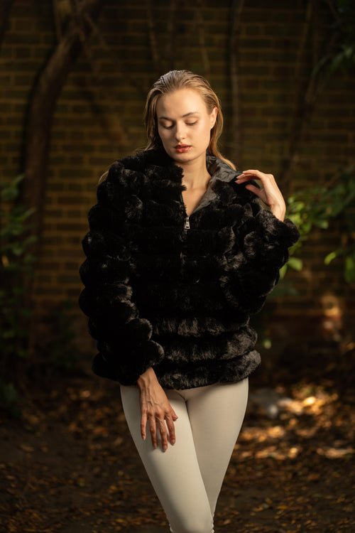 Faux Fur Puffed Silhouette Jacket in Black