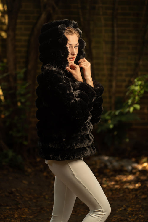 Faux Fur Puffed Silhouette Jacket in Black