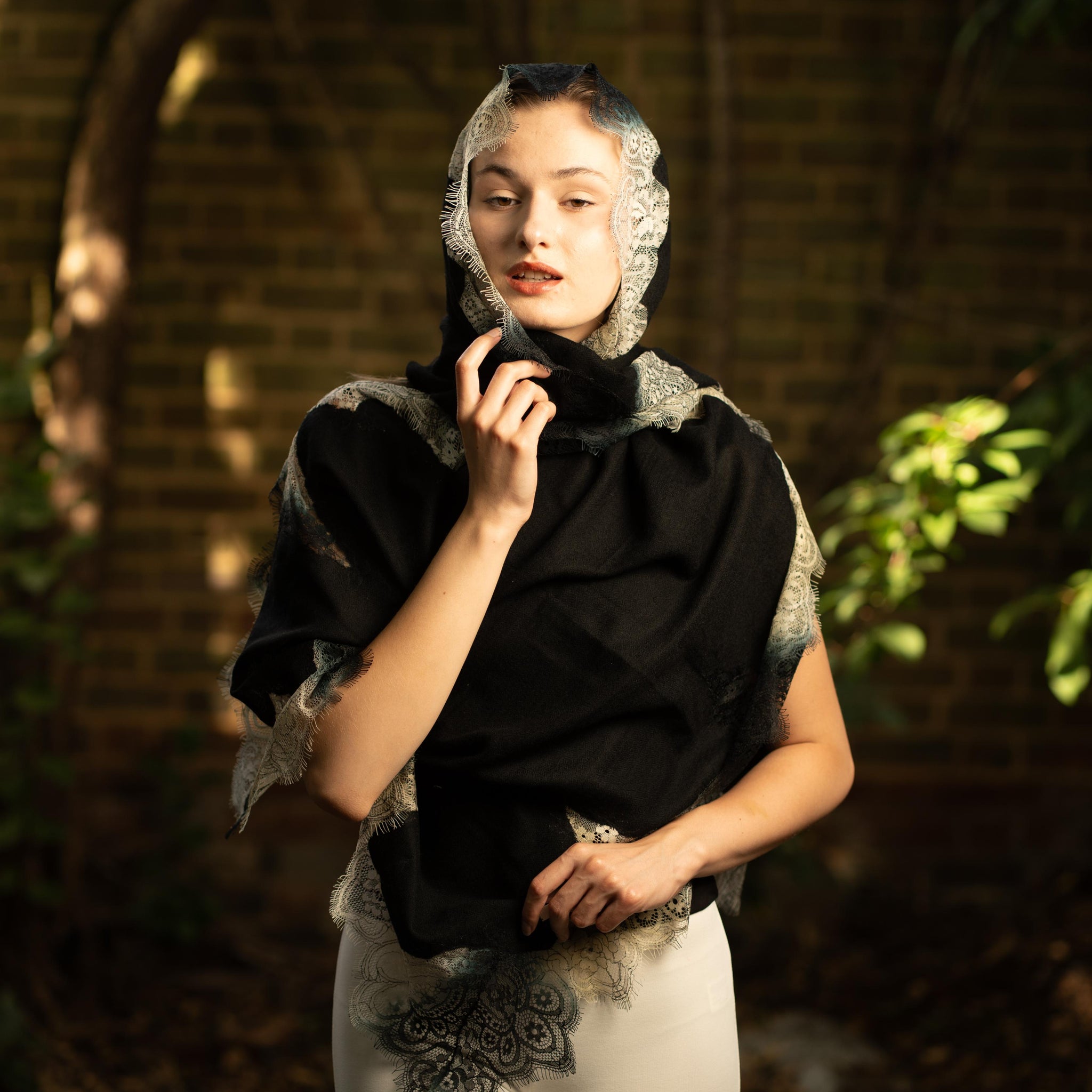 Lace and Tie-Dye Scarf in Black