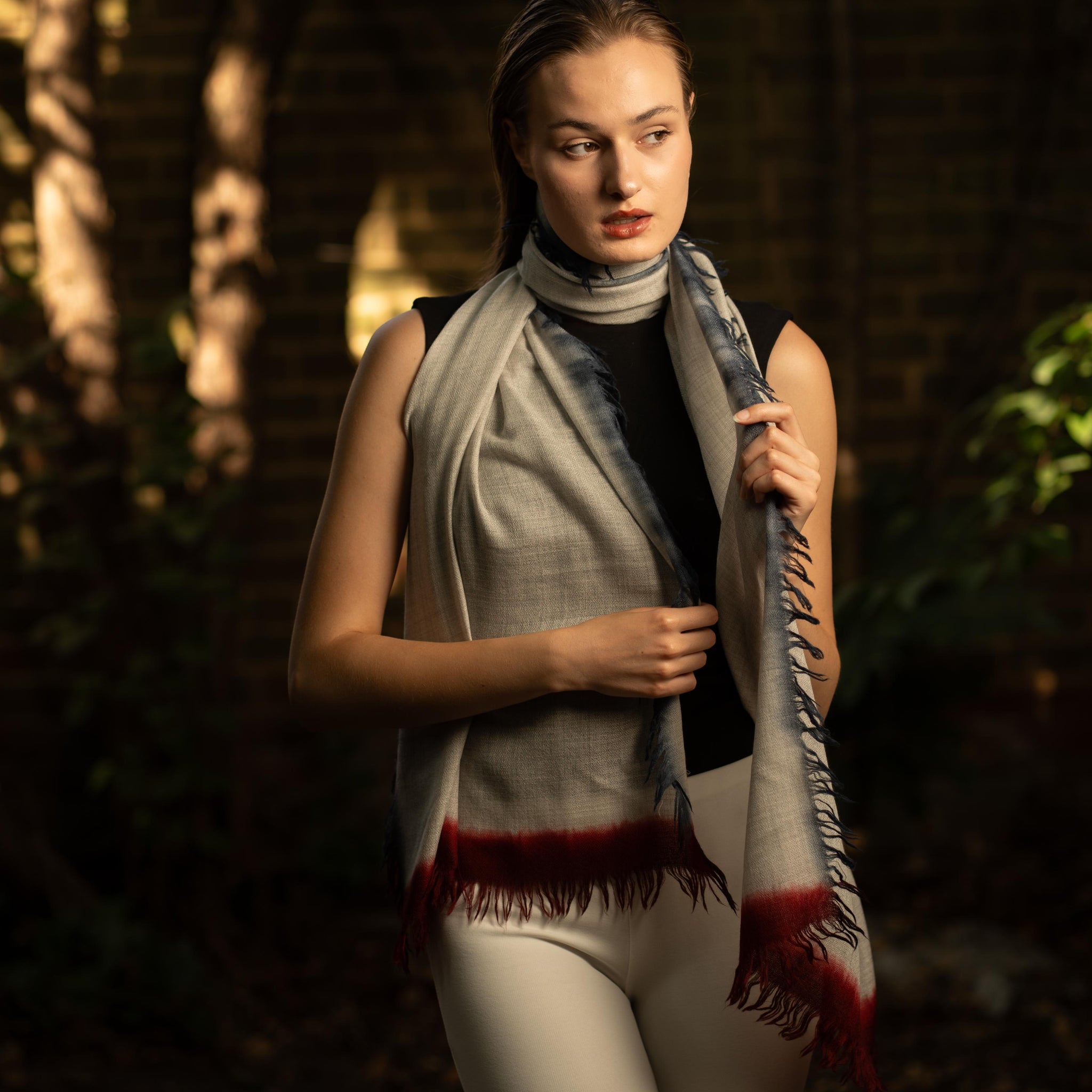Cashmere Scarf with Blue and Red Tassels
