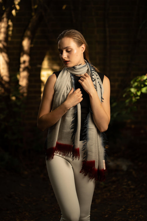 Cashmere Scarf with Blue and Red Tassels