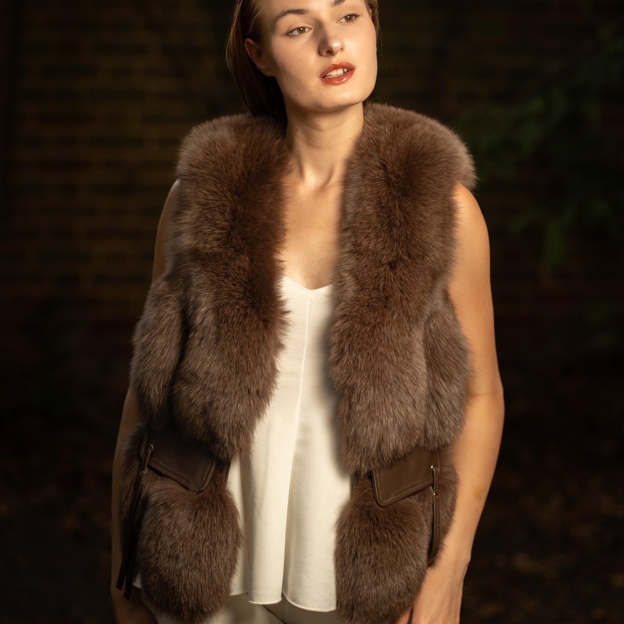 Faux Fur Gilet with Leather Pockets in Chocolate Brown
