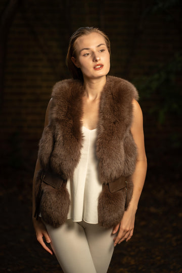 Faux Fur Gilet with Leather Pockets in Chocolate Brown