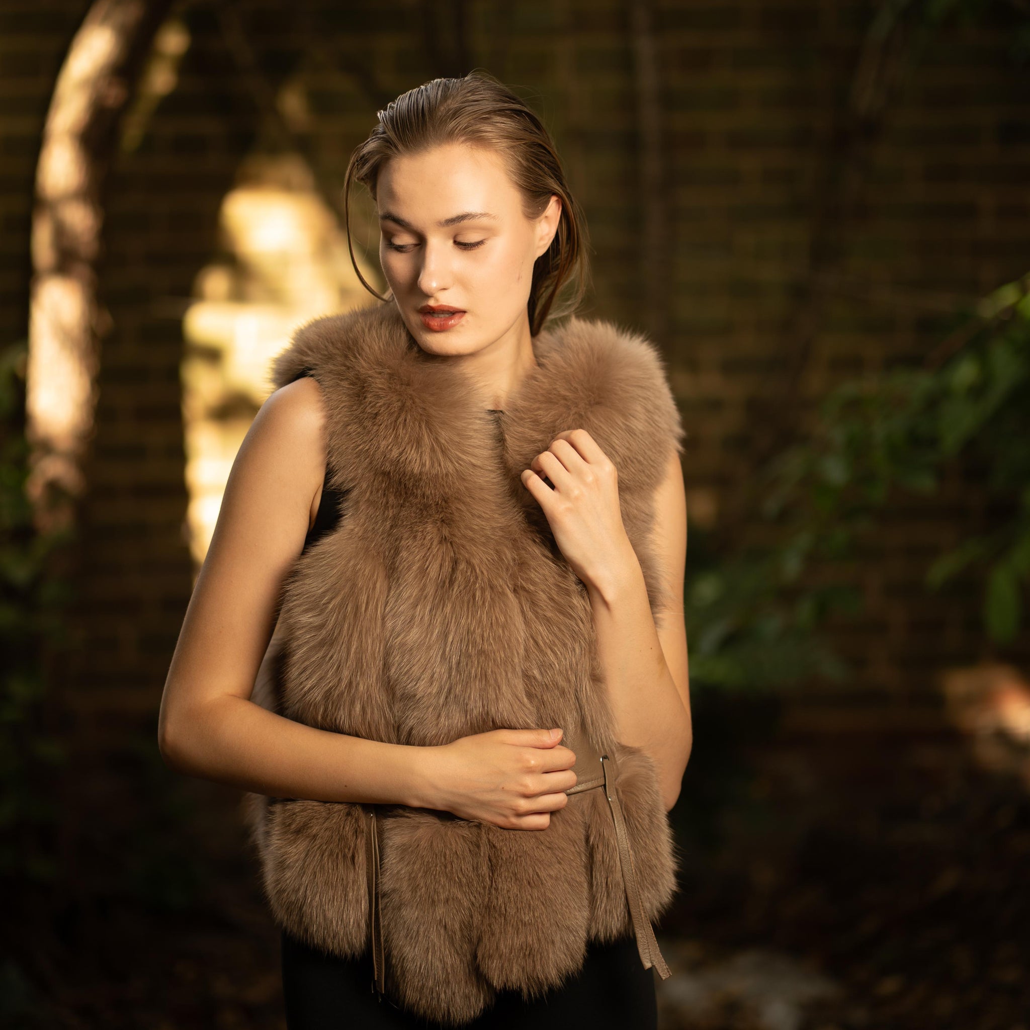 Faux Fur Gilet with Leather Pockets in Brown
