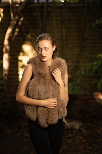 Faux Fur Gilet with Leather Pockets in Brown