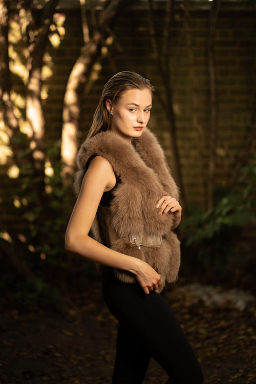 Faux Fur Gilet with Leather Pockets in Brown