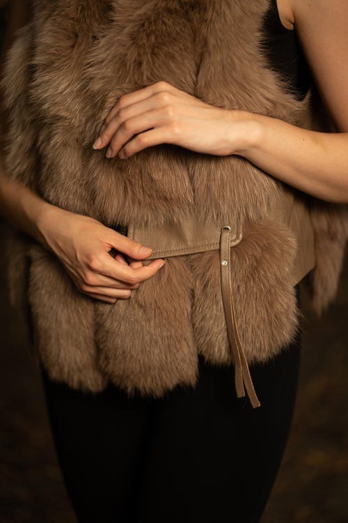 Faux Fur Gilet with Leather Pockets in Brown