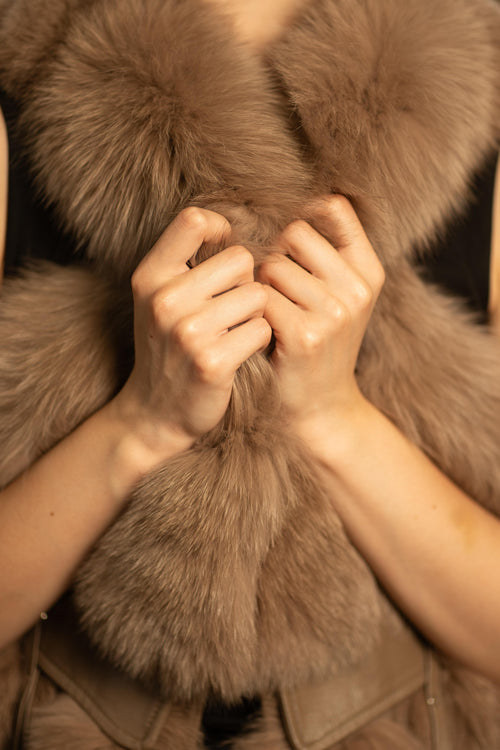 Faux Fur Gilet with Leather Pockets in Brown