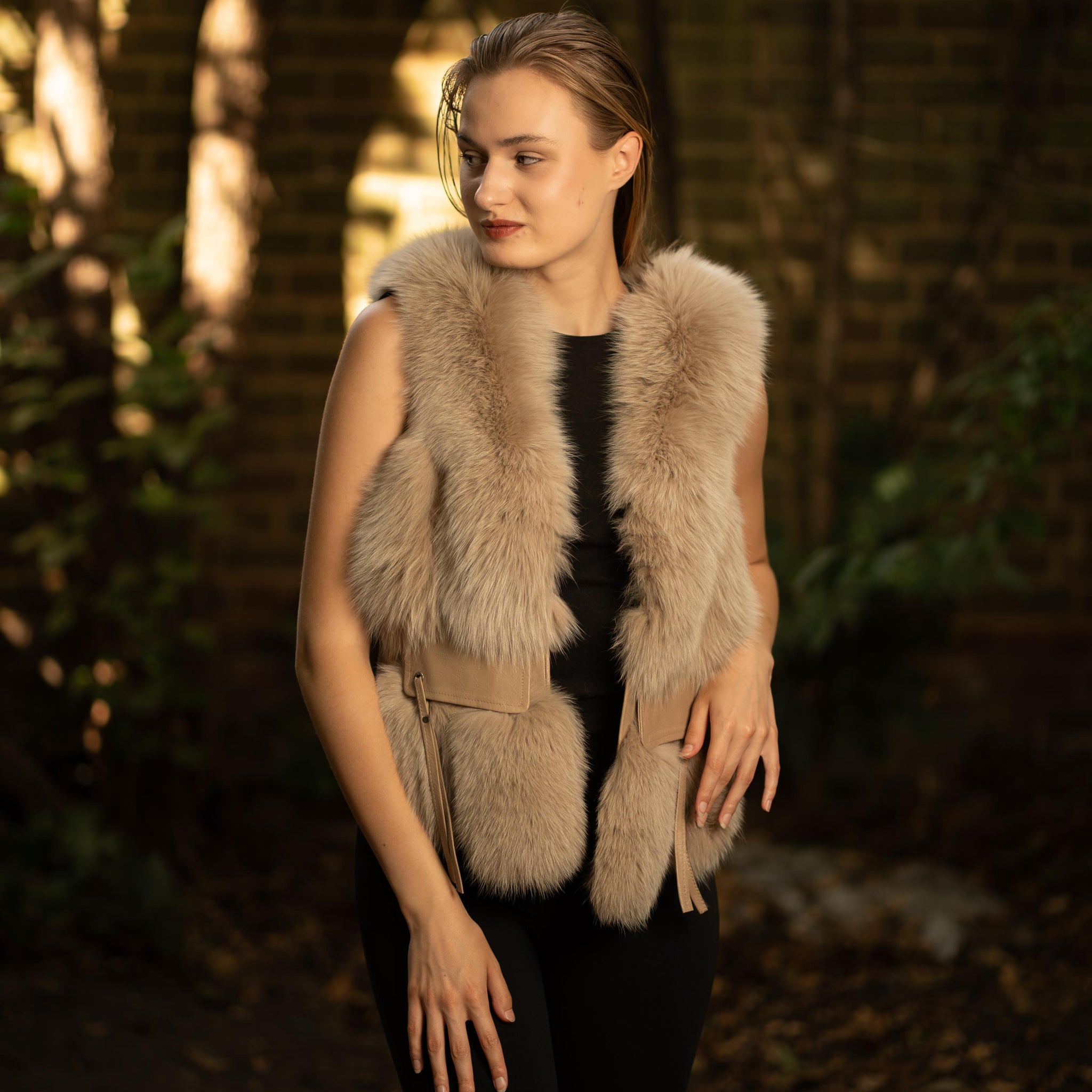Faux Fur Gilet with Leather Pockets in Light brown