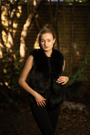 Faux Fur Gilet with Leather Pockets in Black