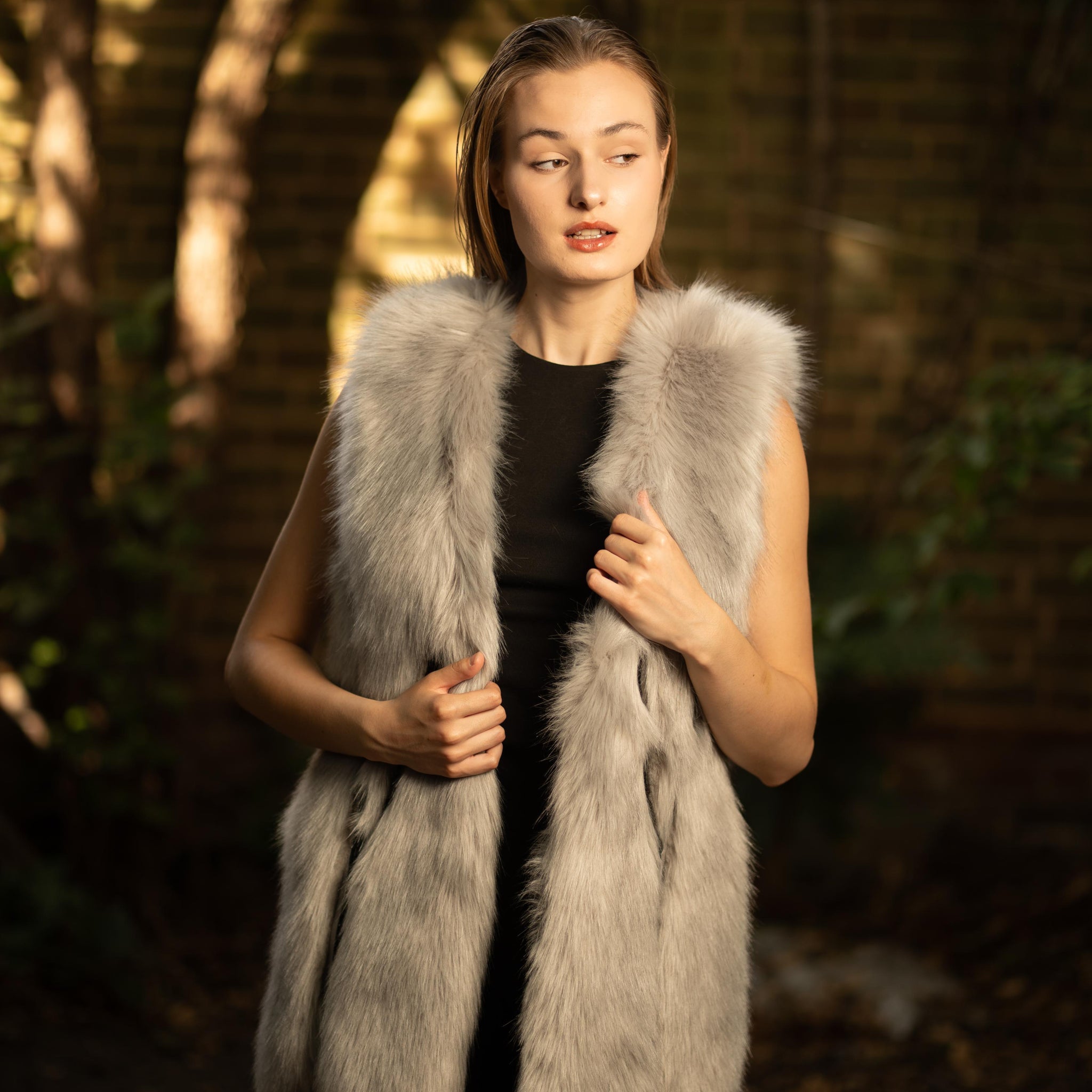 Faux Fur Long Embellished Gilet in Grey