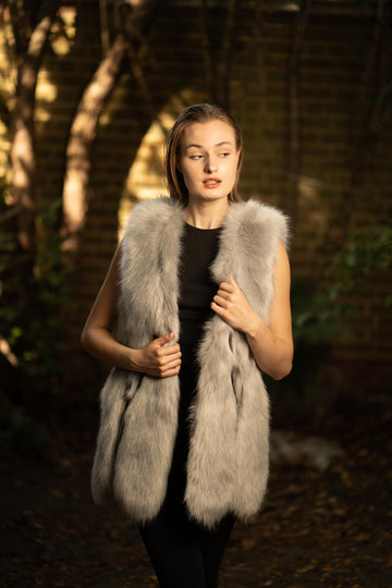 Faux Fur Long Embellished Gilet in Grey