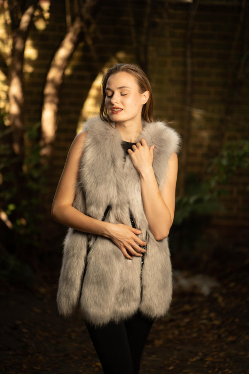 Faux Fur Long Embellished Gilet in Grey