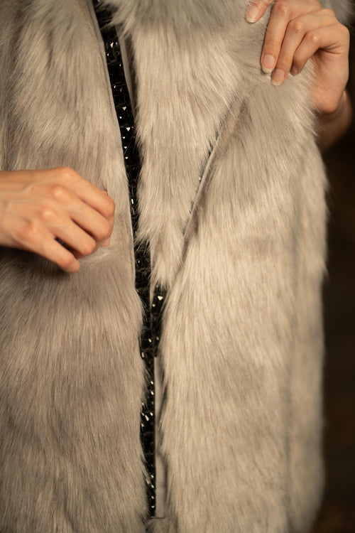 Faux Fur Long Embellished Gilet in Grey
