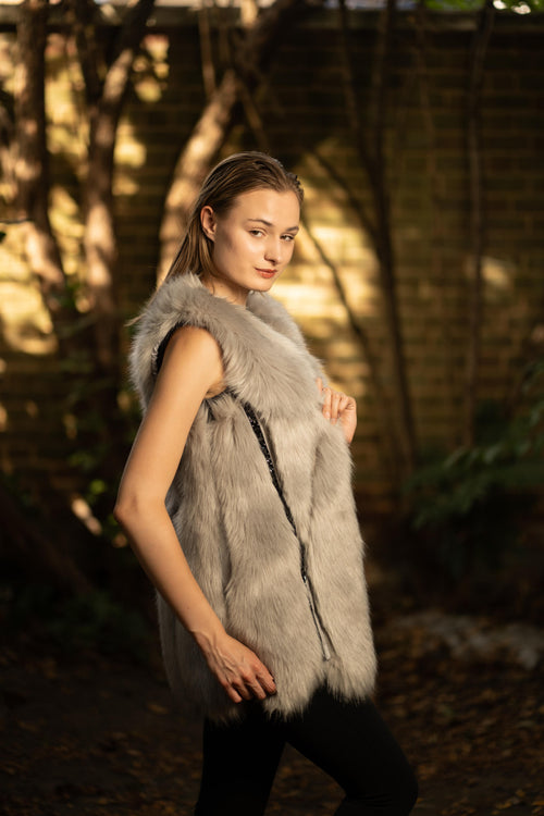 Faux Fur Long Embellished Gilet in Grey