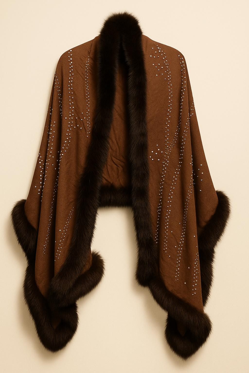 Embellished Pashmina Luxury in Dark Brown with Faux Fur Trim