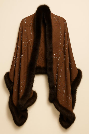 Embellished Pashmina Luxury in Dark Brown with Faux Fur Trim