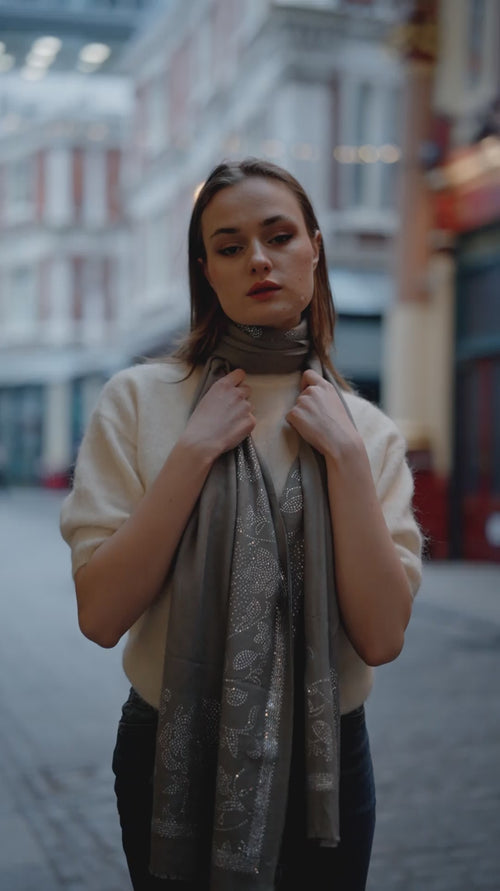 Embellished Cashmere Scarf in Silver with Crystal flower border